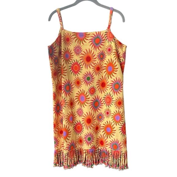 Farm Rio Anthropologie Slim Fringe Mini Dress Sun Motif Yellow Size XL NWT - Picture 3 of 8